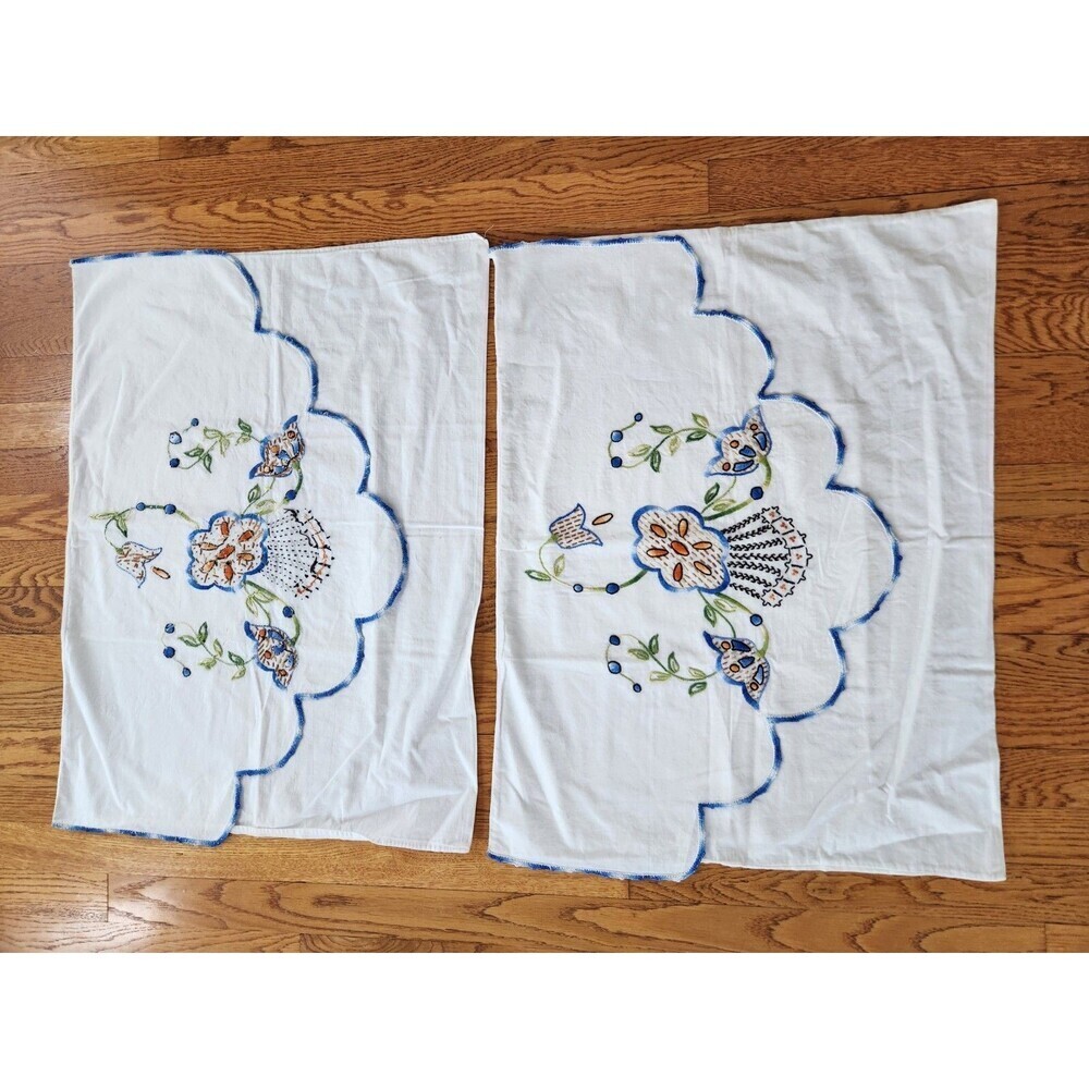 Embroided Pillowcases,  Edged With  Tatting, Pair 20 X 26